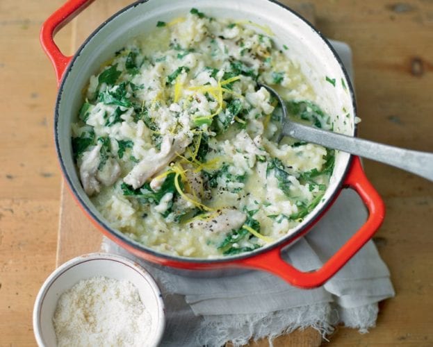 Oven-baked chicken, bacon and barley risotto