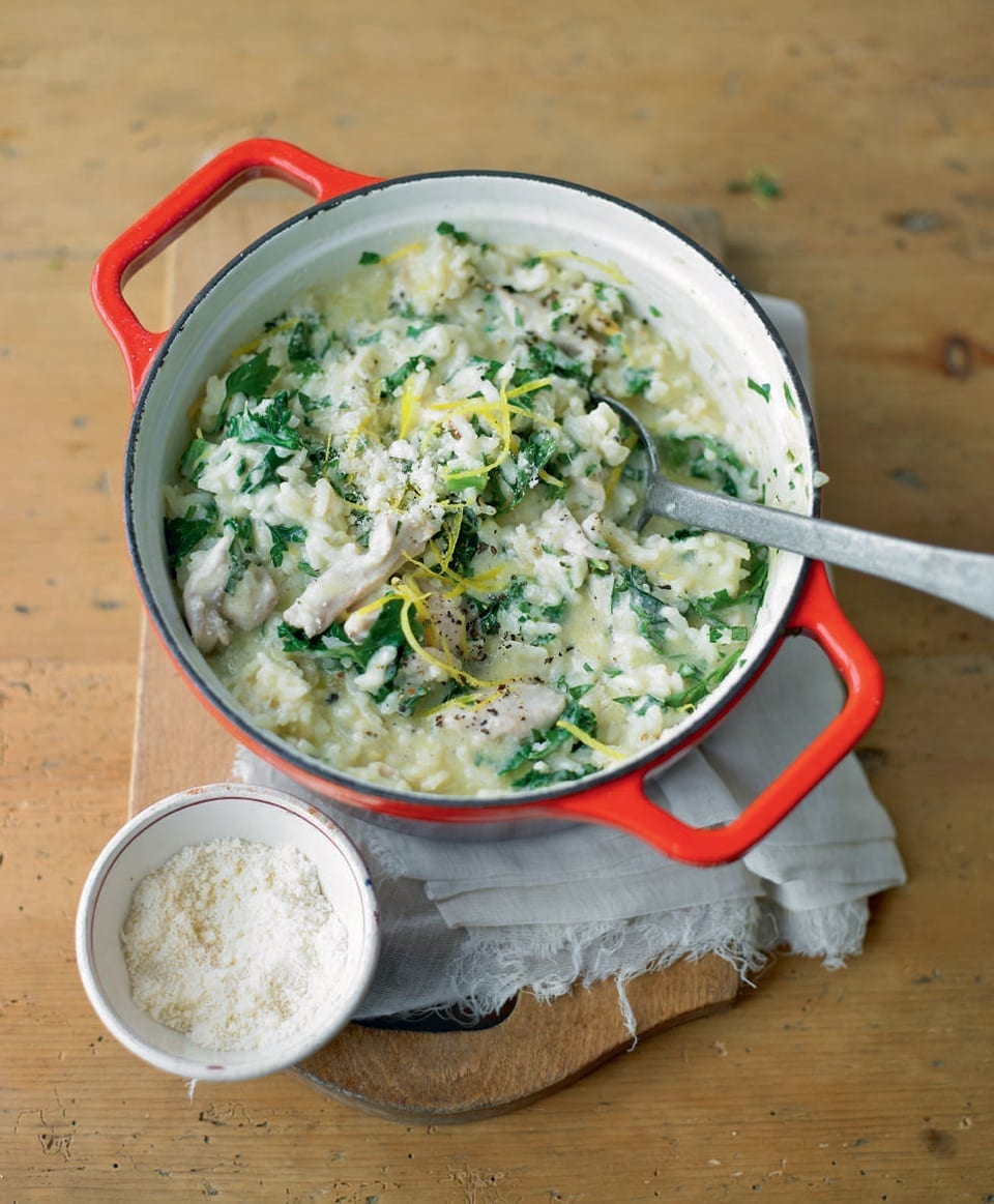 Baked chicken and herb risotto recipe | delicious. magazine