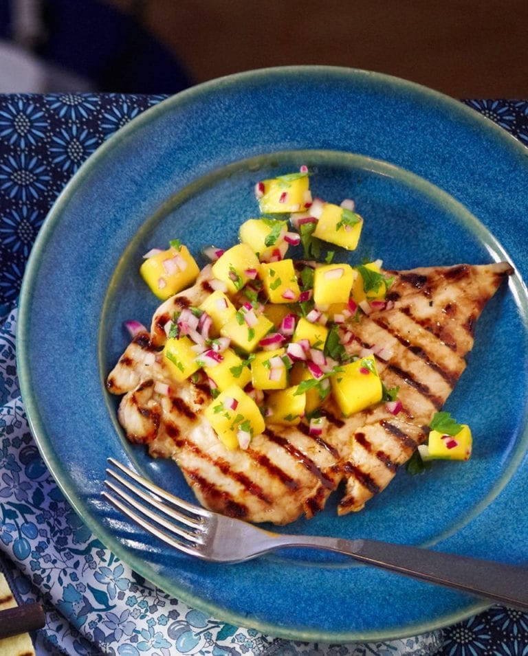 Griddled chicken with mango and red onion salsa