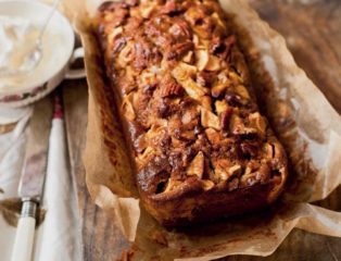 Sticky apple and gingerbread pecan loaf cake