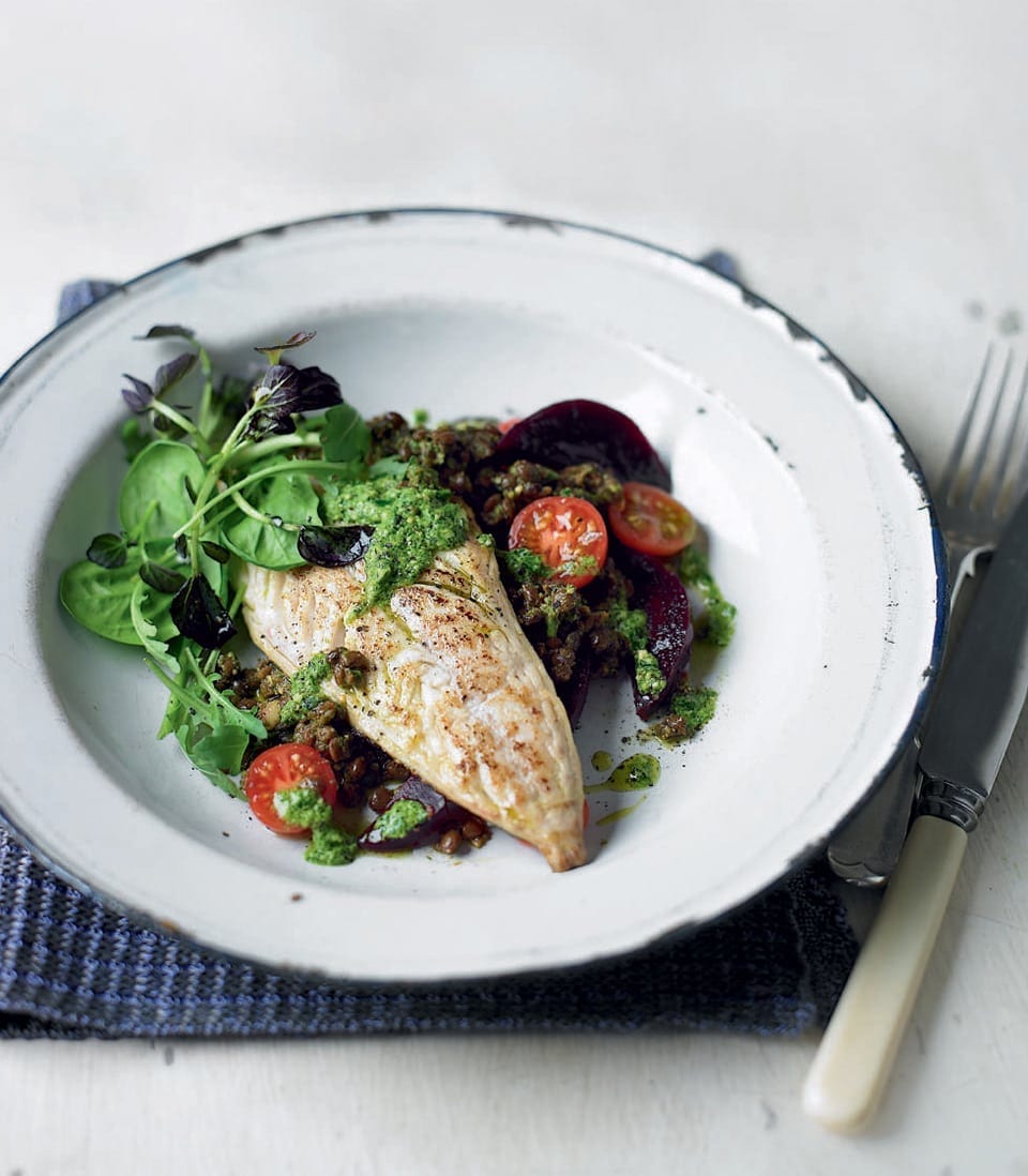 Panfried mackerel with pesto, beetroot and lentils recipe delicious. magazine