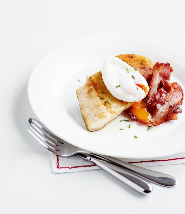 Cheat’s bubble and squeak cakes with smoked haddock and eggs