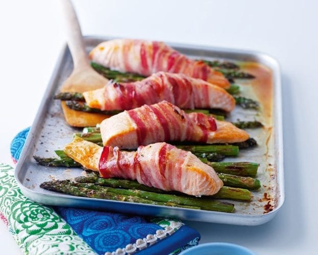 Pancetta-wrapped salmon with griddled asparagus