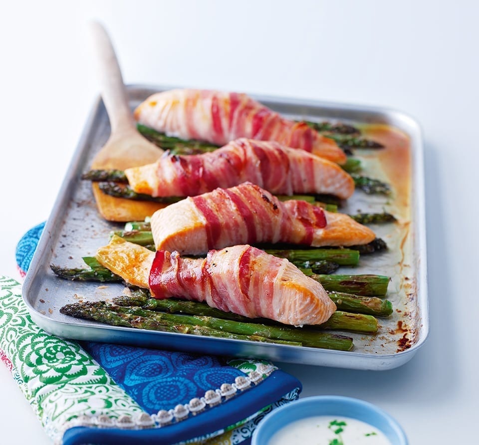 Pancetta-wrapped salmon with griddled asparagus recipe | delicious. magazine