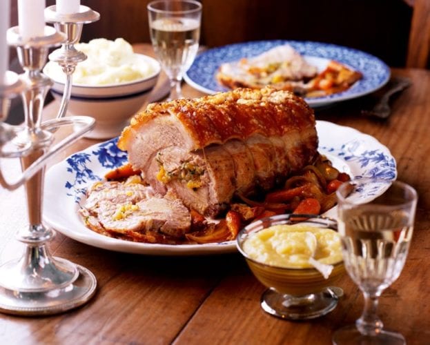 Crackling pork loin with apricot, sherry and hazelnut stuffing