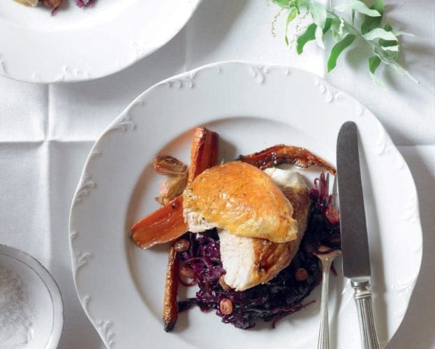 Pot-roast guinea fowl with pistachio stuffing