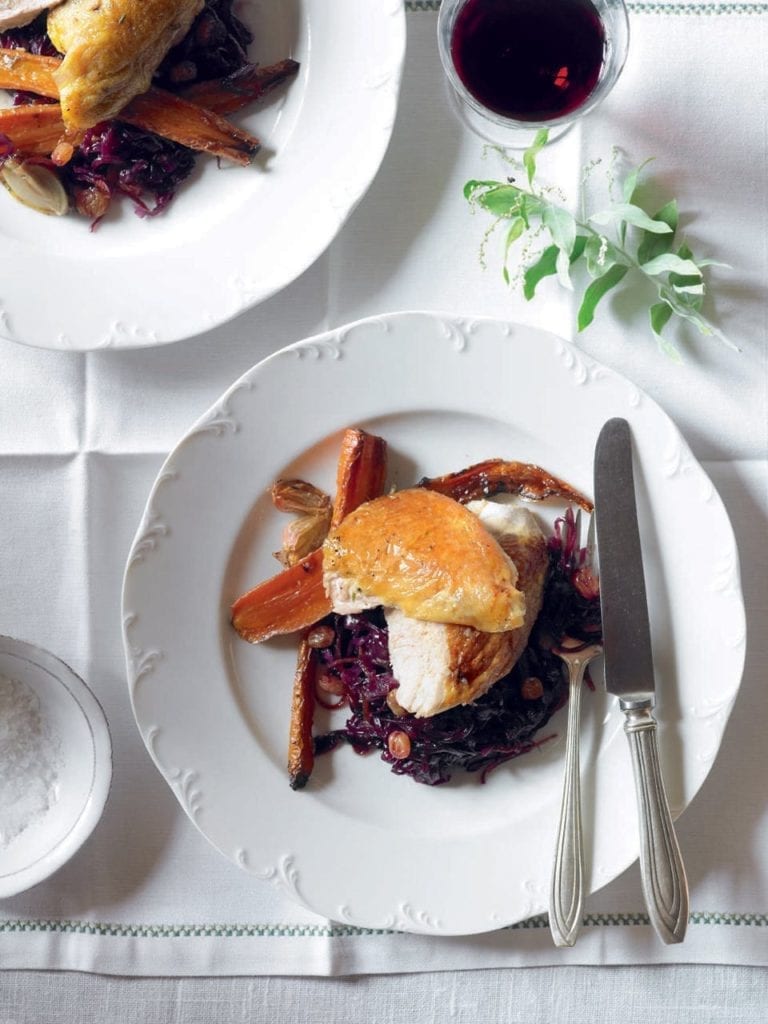 Guinea fowl and red cabbage