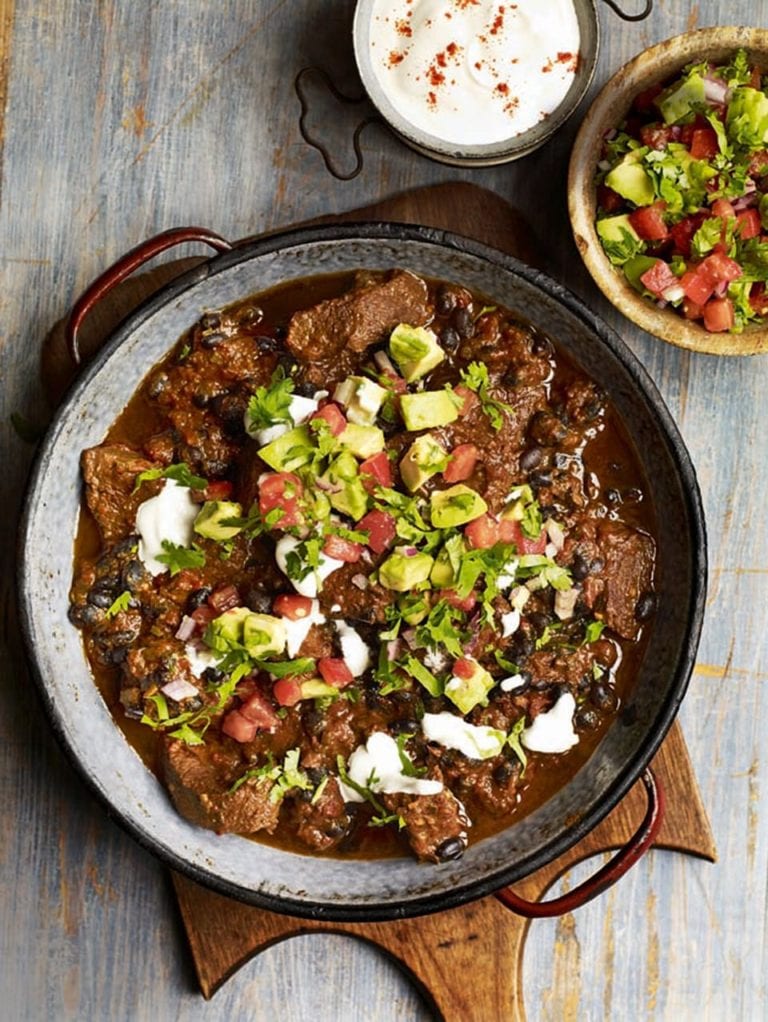 Chilli con carne with avocado and chilli salsa