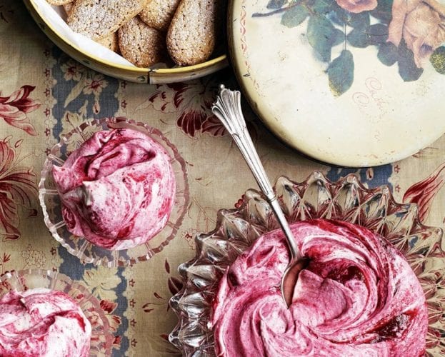 Damson fool with macaroon fingers
