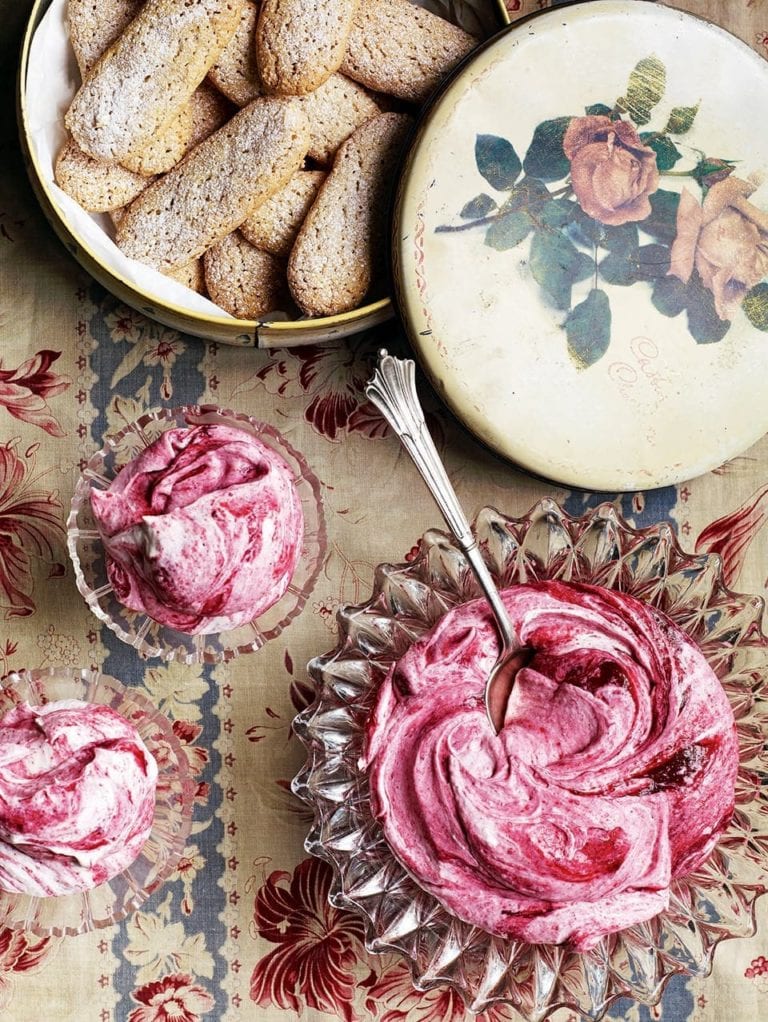 Damson fool with macaroon fingers