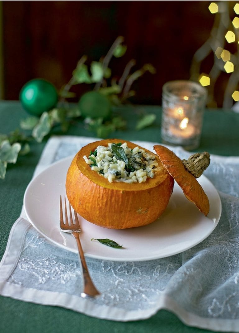 Roast onion squash stuffed with blue cheese risotto