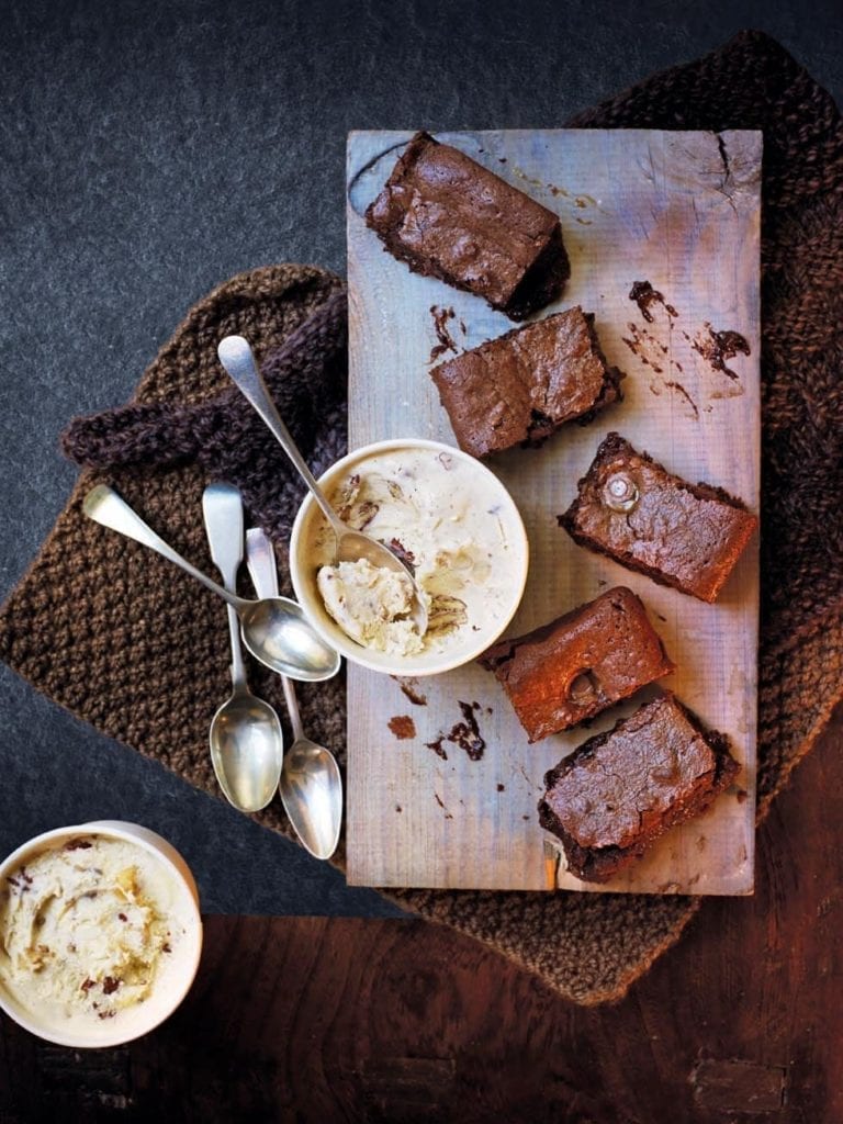 Salted Rolo brownies with banana-pecan ice cream