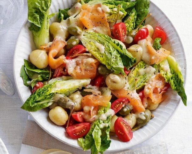 New potato salad with smoked salmon and caperberries