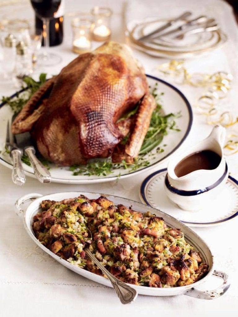 Festive roast goose with panettone stuffing