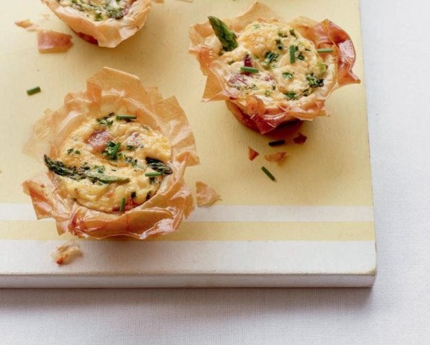 Asparagus, ham and chive filo tartlets