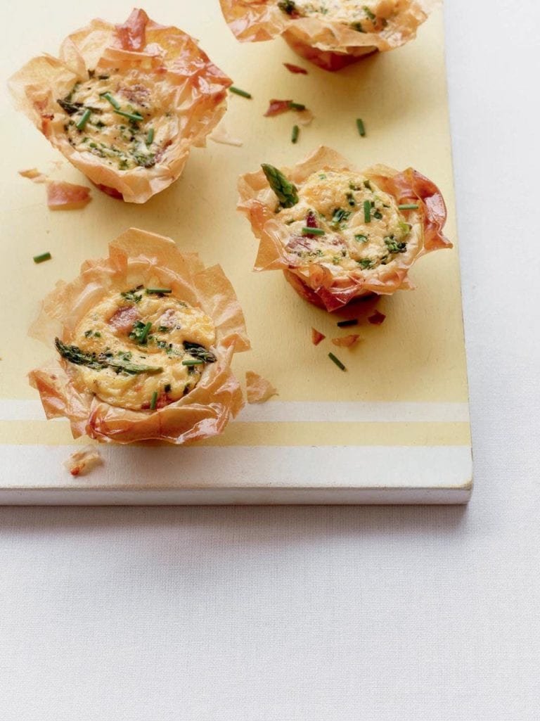 Asparagus, ham and chive filo tartlets