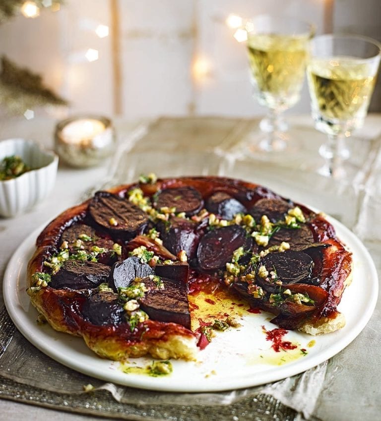 Beetroot and shallot tarte tatin with walnut, orange and dill dressing