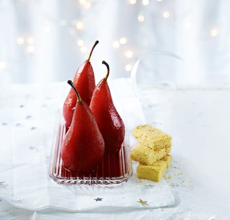 Ruby port poached pears and hazelnut shortbread
