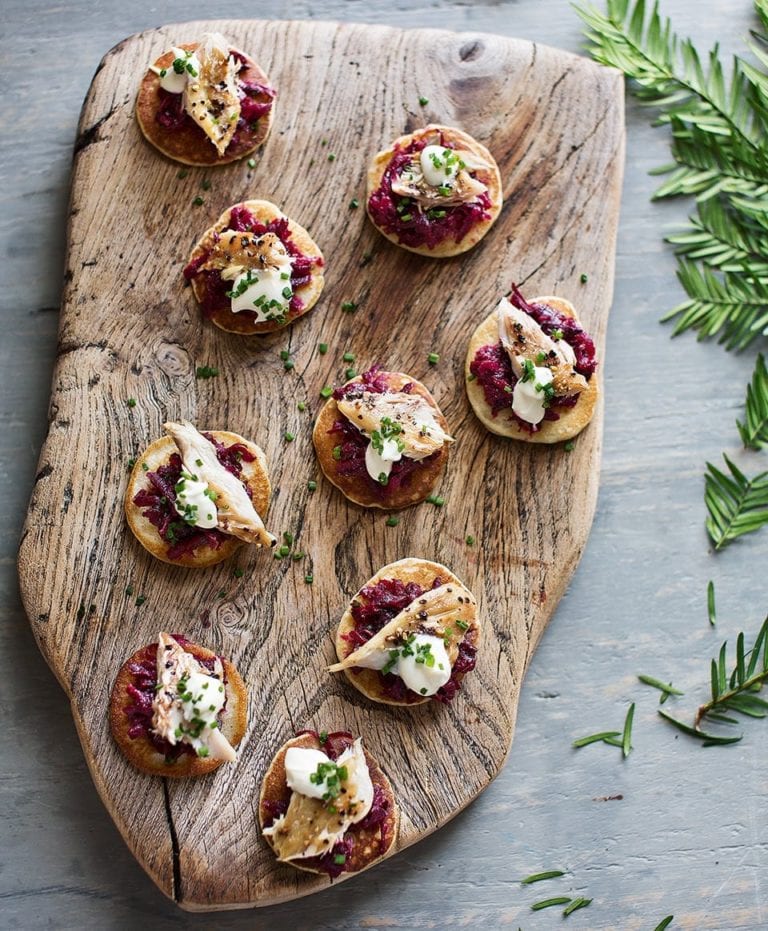 Horseradish blinis with buttered beetroot and smoked mackerel