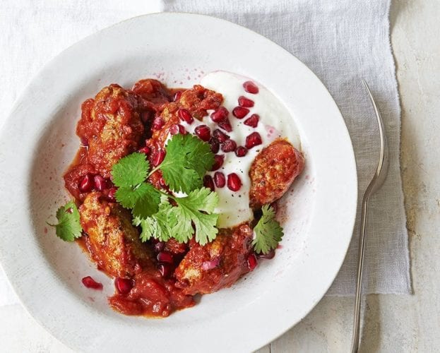 Lamb kofte tagine recipe served in a white bowl
