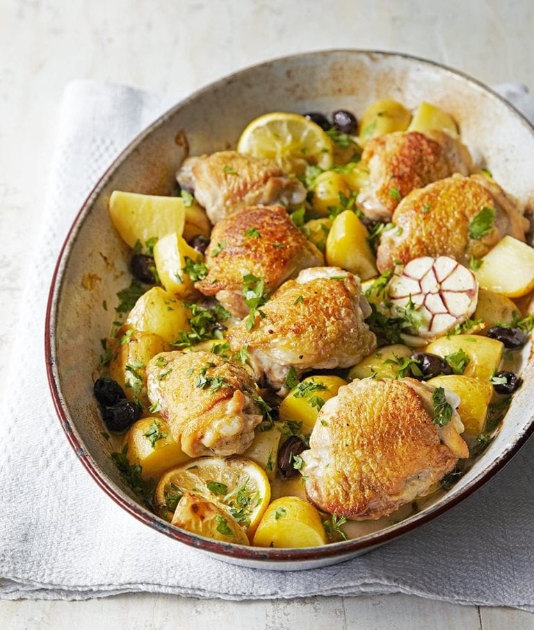 Chicken with lemon, garlic, herbs and potatoes