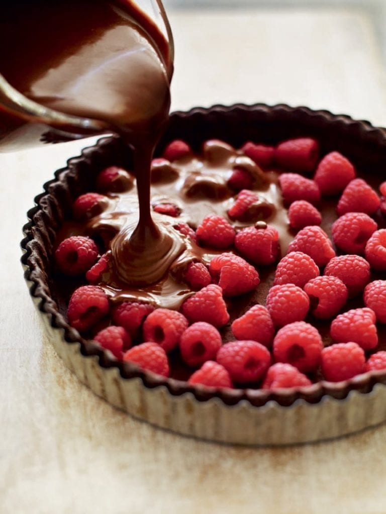 Silky chocolate and raspberry tart