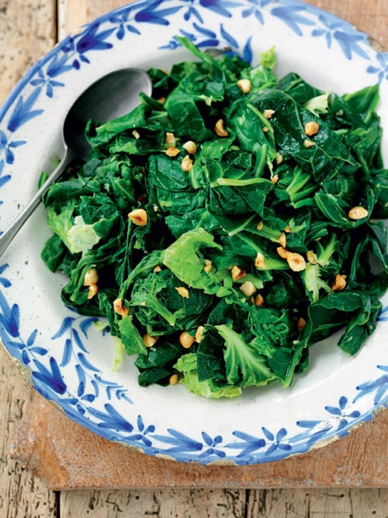 Sprout tops with browned butter and hazelnuts