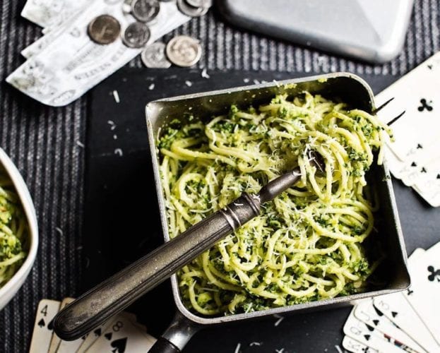 Spaghetti with kale and brussels sprout pesto