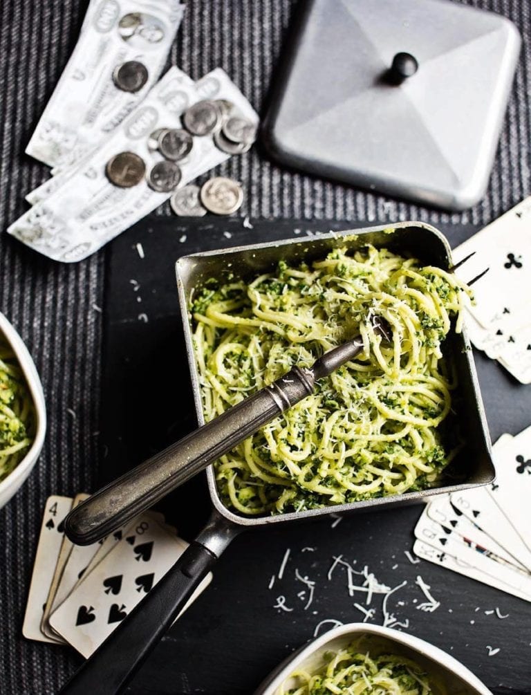 Spaghetti with kale and brussels sprout pesto