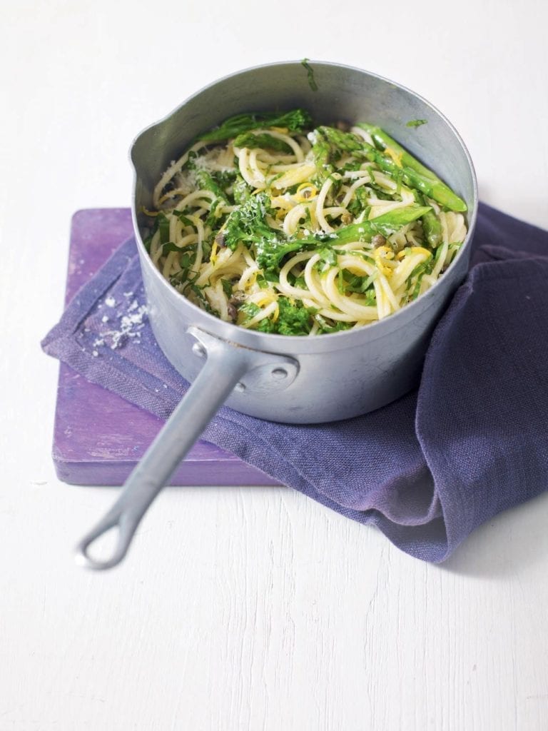 Asparagus and tenderstem broccoli spaghetti