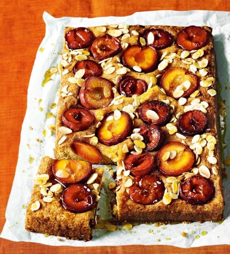 Sticky plum and custard cake