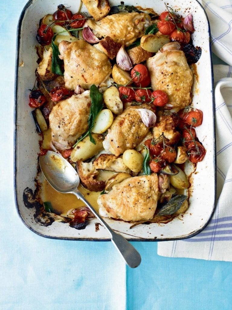 Chicken, tomato and aubergine traybake