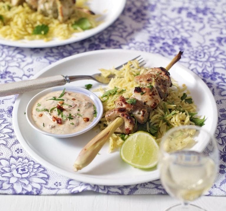 Lemongrass chicken skewers with lime leaf rice