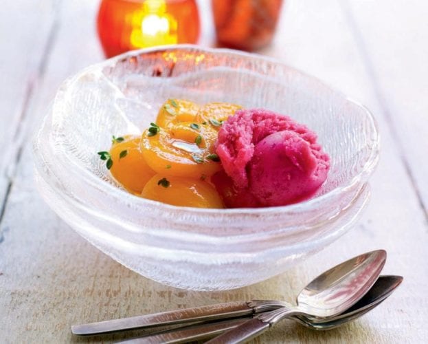 Redcurrant sorbet with baked apricots