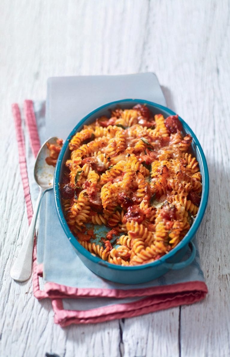 Easy tomato and chorizo pasta bake