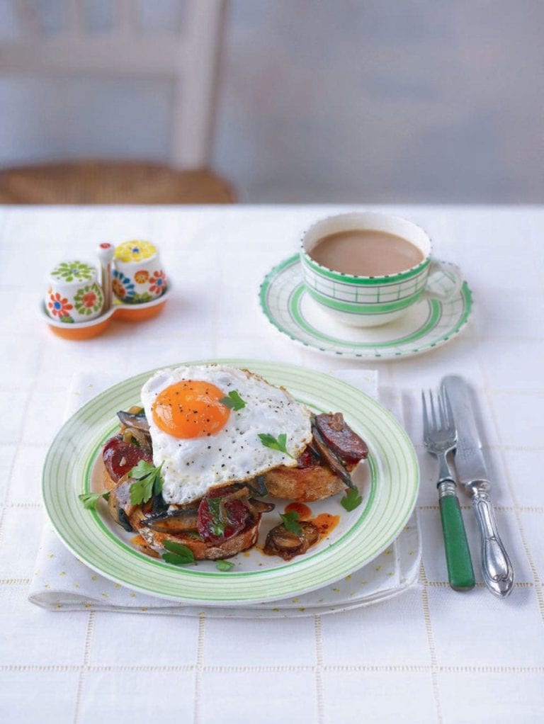 Chorizo, mushroom and egg on toast