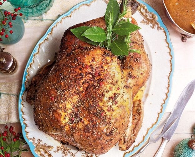 Old-fashioned roast turkey with fresh herb stuffing