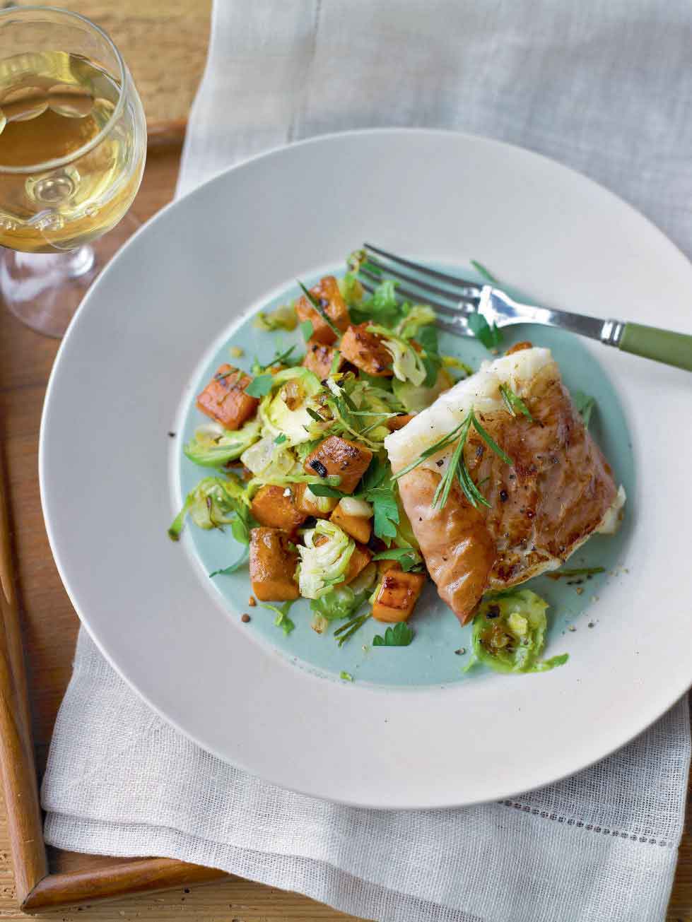 Parma hamwrapped fish with sprout and sweet potato hash recipe delicious. magazine Parma hamwrapped fish with sprout and sweet potato hash recipe delicious. magazine