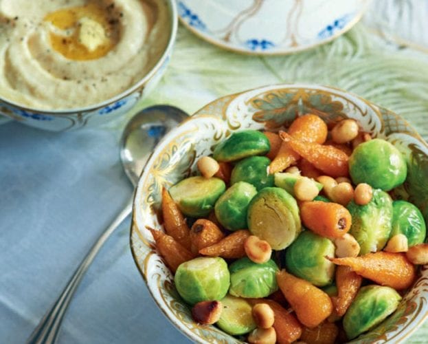 Sprouts and roasted carrots with butter and macadamia nuts