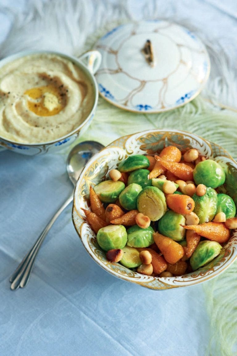 Sprouts and roasted carrots with butter and macadamia nuts