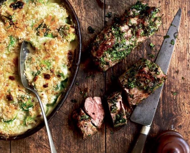 Swedish roast leg of lamb with anchovies and potato gratin