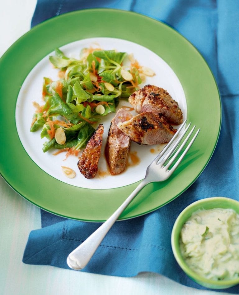 Yogurt and harissa lamb with crunchy salad