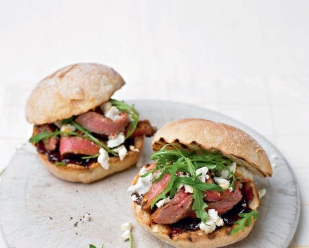 Steak sarnie with onions and blue cheese