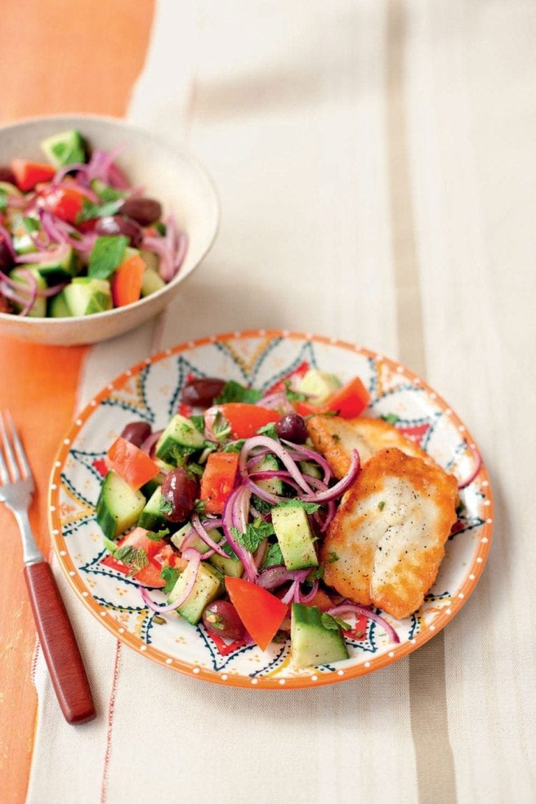 Greek salad with mint and fried halloumi