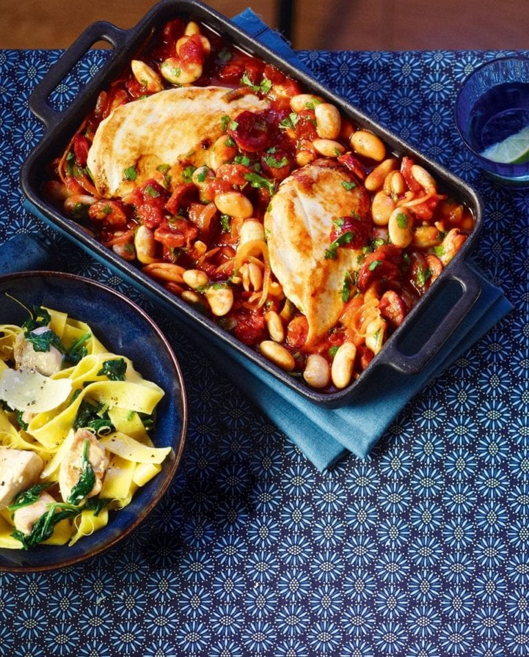 Chicken, butter bean and chorizo bake