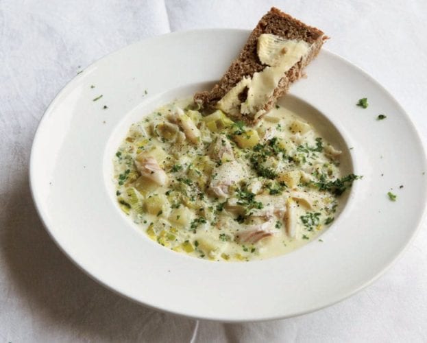 Smoked fish, leek and potato soup