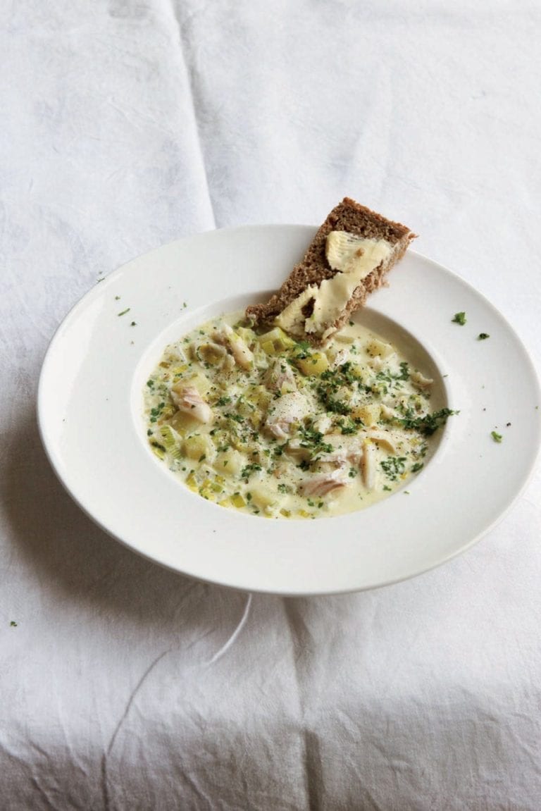 Smoked fish, leek and potato soup