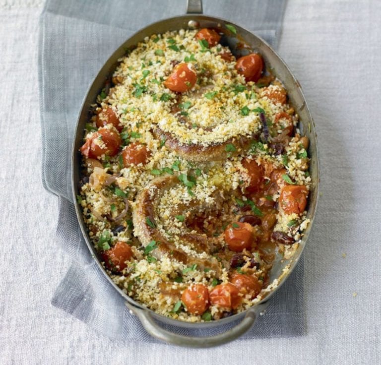 Crunchy cumberland sausage cassoulet with mixed beans