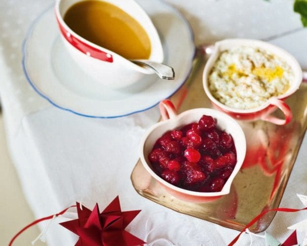 Cranberry sauce in a heart-shaped pot