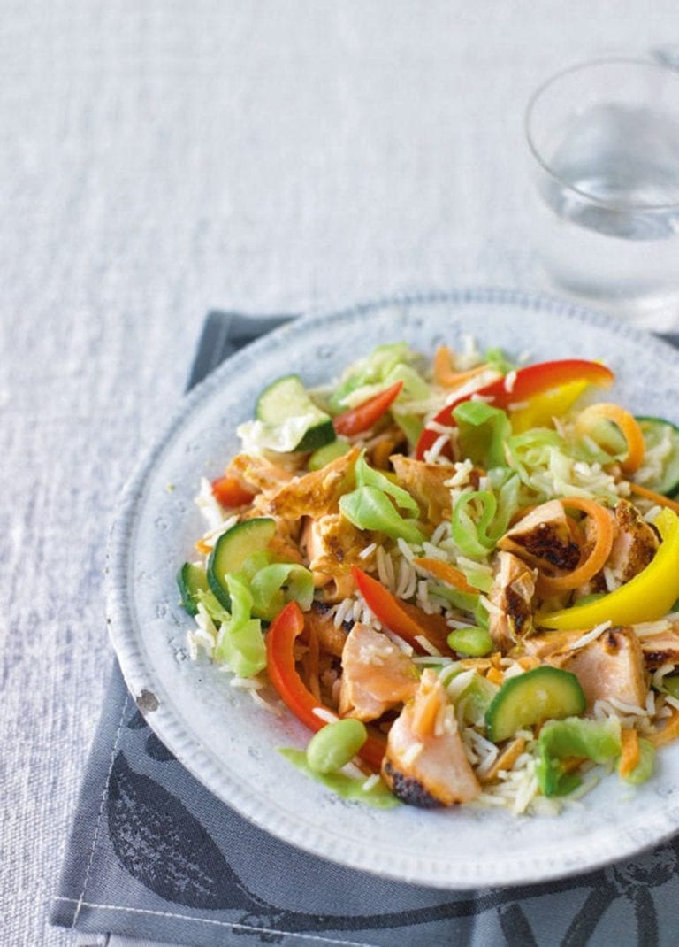 Teriyaki salmon stir-fry with wasabi-fried rice